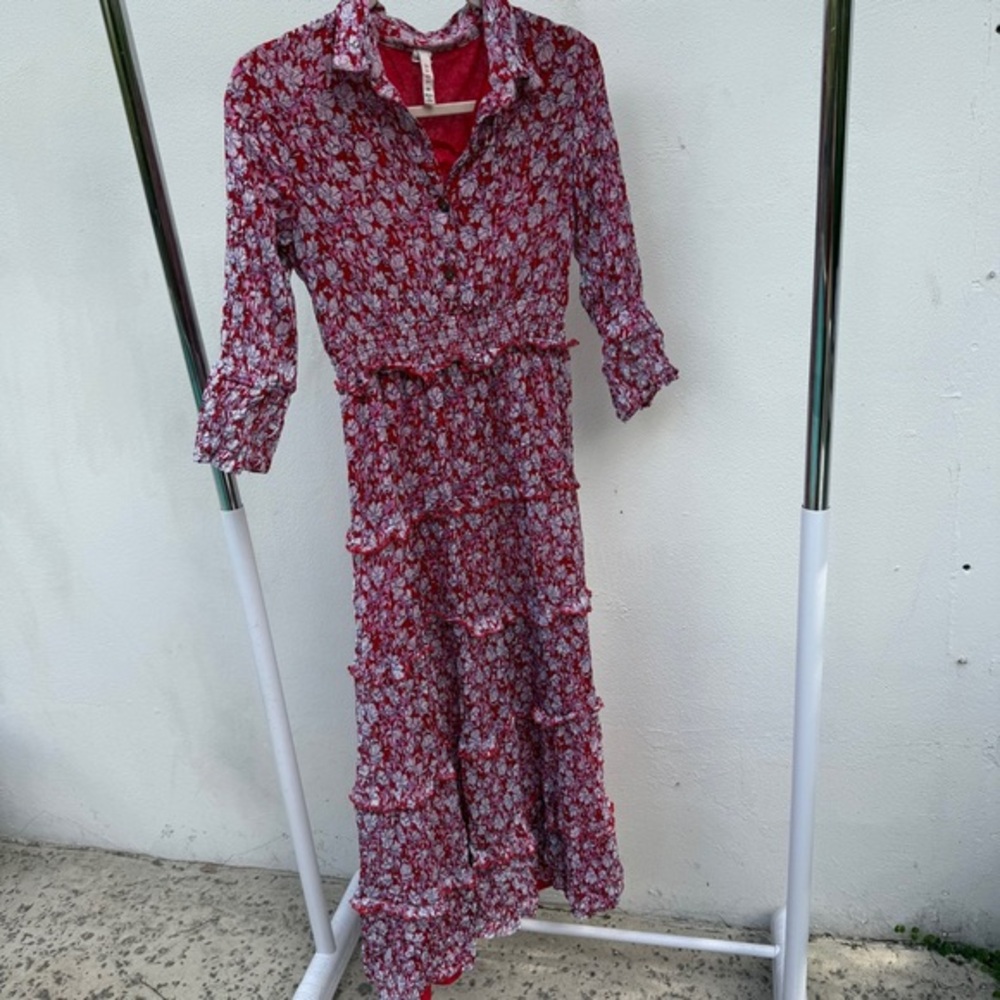 RAGA Red Multicolor Metallic Floral Maxi Dress Size Medium